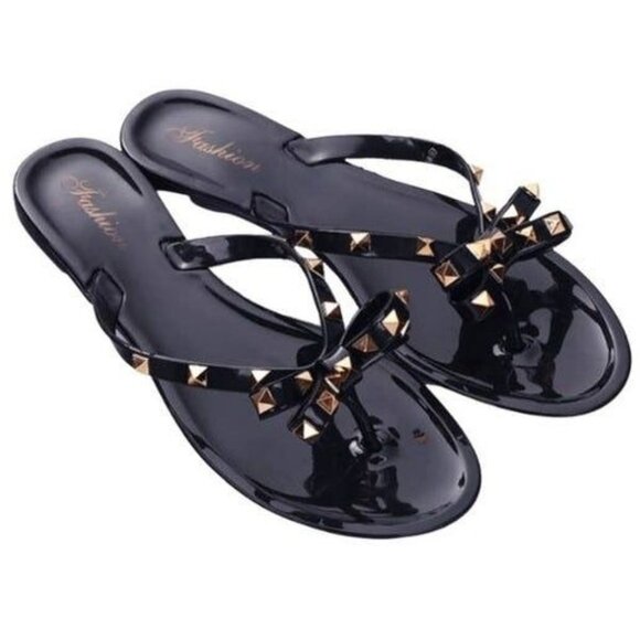 Fashion Jelly Sandals With Studded Bow Women's 9-9.5 (UK 40)  Black & Gold Casua - Picture 4 of 4
